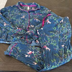 Ladies Holiday pajamas, blue, pink, reindeer, flannel, button down set, gifts